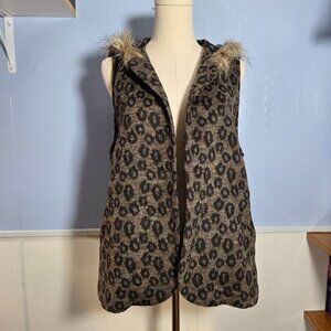 Ms Maggie Large Black Tan Hooded Faux Fur Sleeveless Open Fall Vest Cardigan